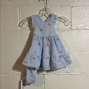 Rare Editions 3 pc Blue Striped Dress with Pink Floral Accents NWT